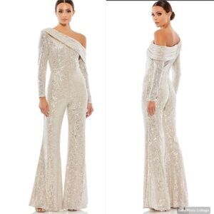 Mac Duggal 26596 SEQUINED DROP SHOULDER LONG SLEEVE JUMPSUIT